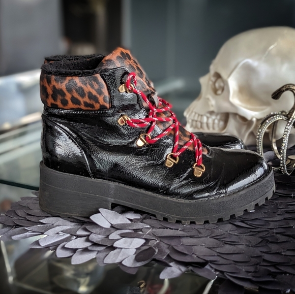 Black Patent Winter Ankle Boots with Leopard Print Detail - Picture 1 of 10